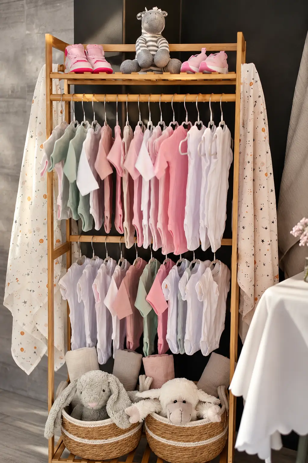 Wooden rack with pastel baby clothes, shoes, toys, and patterned cloths hanging and stored neatly.