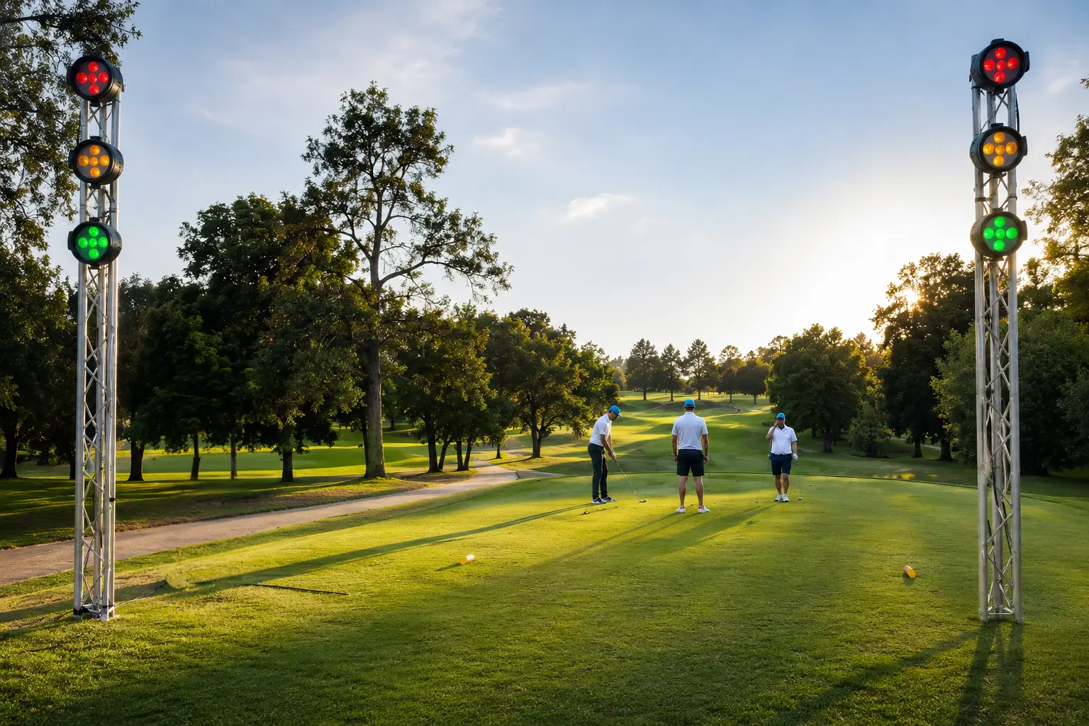 Three men playing golf on a green course near trees with traffic light style colored signals.